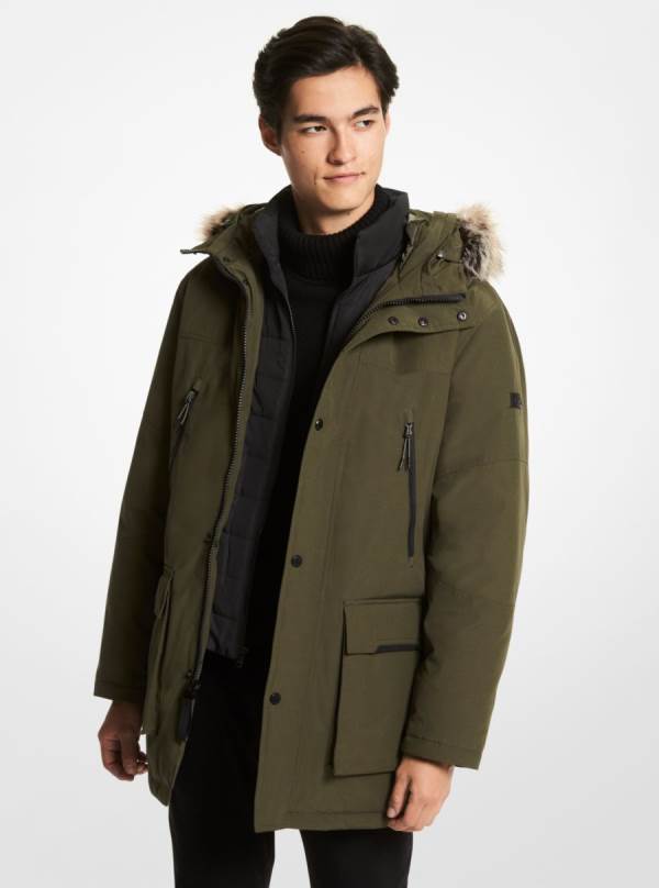 Panske Bundy Michael Kors Benson Faux Fur Trim Woven Parka Tmavo Zelene - Oblecenie Michael Kors Outlet | PVMUK-2309